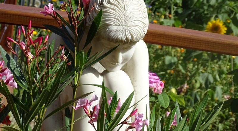 Escultura de mujer pensativa rodeada de flores rosas en un jardín soleado