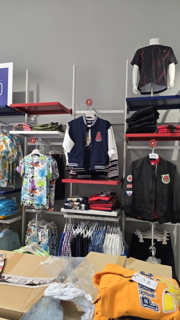 "Conjunto de ropa infantil en la tienda Blukids, con camisetas, pantalones cortos y vestidos organizados por tallas y colores"