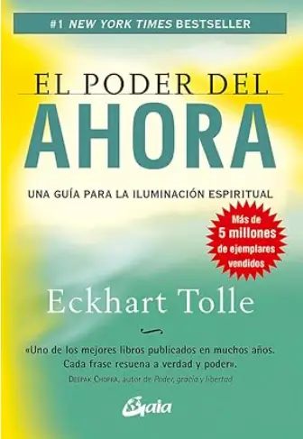 Portada del libro "El poder del ahora" de Eckhart Tolle, con fondo degradado en tonos verdes y azules, y el título en letras grandes blancas y amarillas.